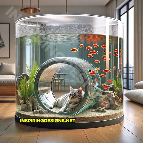 These Aquariums Have Built-In Tunnels For Your Cats To Watch Your Fish Cat Aquarium, Cat Tunnel Diy, Light Switch Covers Diy, Cat Room Decor, Fish Tank Design, Baby Kitty, Diy Aquarium, Outdoor Cat House, Cat Playground