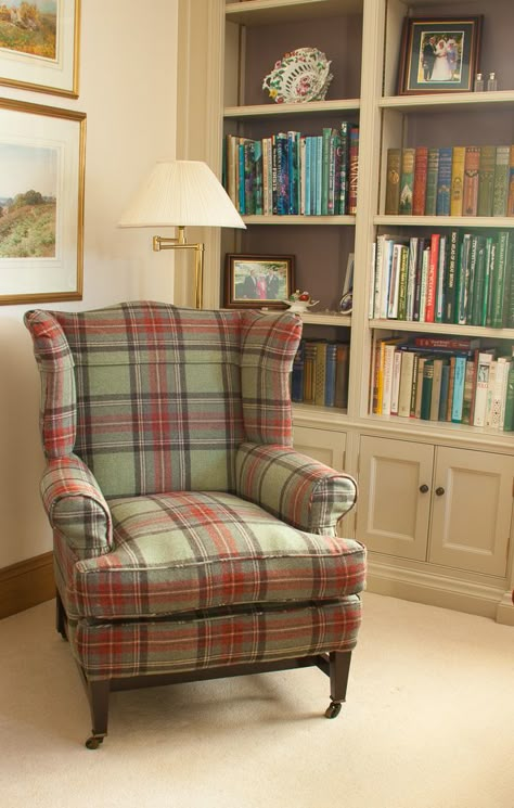 Wing chair by master upholsterer Crowther & Sons. www.crowtherandsons.com Plaid Living Room Chair, Tartan Furniture, Tartan Chair, Diy Winter Decorations, Tartan Decor, Winter Decor Diy, River House Decor, Diy Winter Decor, Cottage Chairs