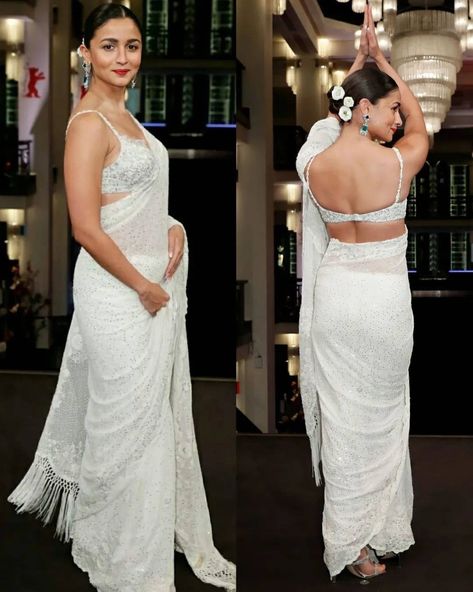 Saree Alia Bhatt, Rimple Harpreet, Alia Bhatt Saree, Rimple And Harpreet Narula, White Couture, Sharara Designs, Berlin Film Festival, White Saree, Wedding Designer