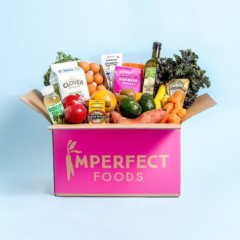 Imperfect Foods box of groceries on a blue background Vegetable Delivery, Grocery Delivery Service, Plant Based Snacks, Fresh Groceries, Meal Delivery Service, Organic Produce, Foods Delivered, Grocery Stores, Reduce Food Waste