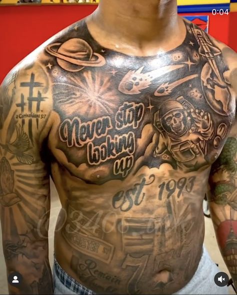 Music Chest Tattoo Men, Black Man Chest Tattoo, Hood Chest Tattoos Men, Chest Piece Tattoos Mens Black, Space Chest Tattoo, Chest Peices Tattoos For Men, Chest Tattoo Black Men, Men Stomach Tattoos Ideas, Full Stomach Tattoos Men