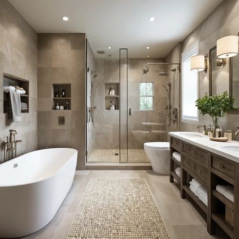 Transform your bathroom into a sanctuary of style and practicality with our expert interior design services. This newly renovated bathroom showcases a perfect blend of functionality and beauty, featuring sleek fixtures, elegant tiles, and a soothing color palette. Experience the art of living with spaces that not only look stunning but also cater to your everyday needs. #InteriorDesign #BathroomRenovation #HomeSanctuary #DesignInspiration Warm Master Bath Ideas, Owners Suite Bathroom, Master Bathrooms 2024 Trends, Master Restroom, Large Bathroom Ideas, Bathroom Without Windows, Bathroom Modern Luxury, Remodeled Bathrooms, Tile Walk In Shower