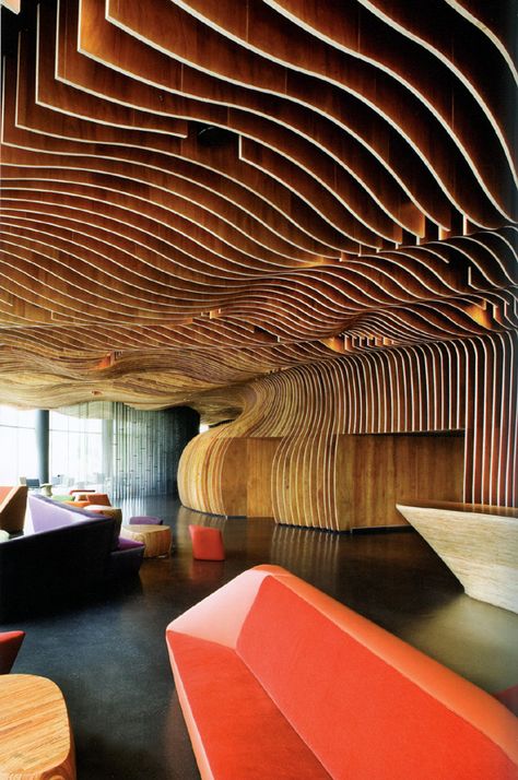 The WOHA in Theatre Woha Architects, Parametric Design, Hotel Project, Wood Ceilings, Cool House Designs, Commercial Design, Commercial Interiors, Office Building, Retail Design