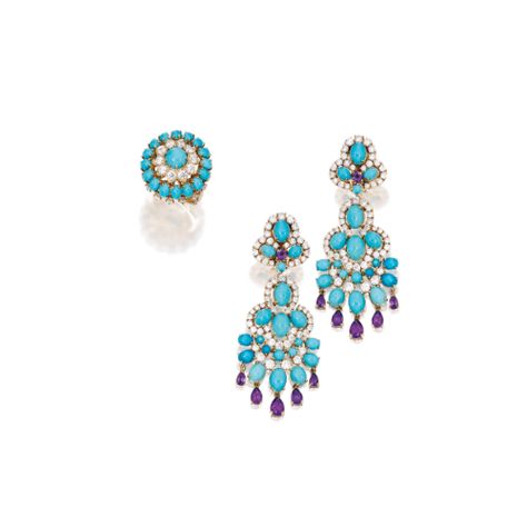 Pair of 18 Karat Gold, Turquoise, Diamond and Amethyst Earrings and an 18 Karat Gold, Turquoise and Diamond Ring, Van Cleef & Arpels | Lot | Sotheby's Turquoise And Diamond Ring, Turquoise Jewelry Earrings, Lapis Lazuli Earrings, Van Cleef And Arpels, International Jewelry, Jewellery Earrings, Royal Jewels, Van Cleef Arpels, Fine Jewels