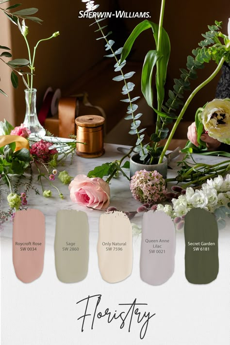 Boho Exterior House Colors, Sherwin Williams Boho Paint Colors, Cabbage Rose Sherwin Williams, Boho Paint Colors, Paint Pallets, Sherwin Williams Color Palette, Sherwin Williams Paint, Secret Garden Colouring, Earthy Home Decor