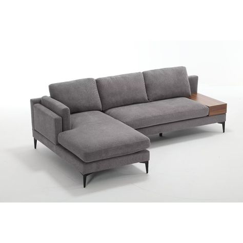 L-Shape Linen Reversible Sofa with Built in Wooden Side Table, Multiple Combinations - Bed Bath & Beyond - 39015596 L Shape Sofa With Side Table, Sofa With Wood, Small Wood Box, Modular Sofa Design, L Shape Sofa, Silver Cushions, House Items, Walnut Side Tables, Wood Side Table