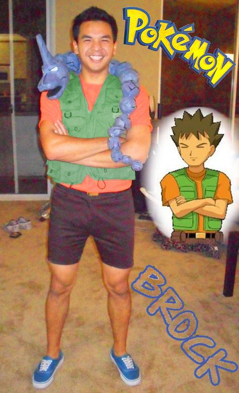 Brock from Pokemon with a prop Onyx - Halloween  Props, Crafts, Costumes & Make Up - Shaun Tuazon Pokemon Costumes Diy, Pokemon Trainer Costume, Pokemon Family, Pokemon Halloween Costume, Pokemon Costumes, Pokemon Halloween, Pokemon Birthday Party, Pokemon Party, Homemade Costumes