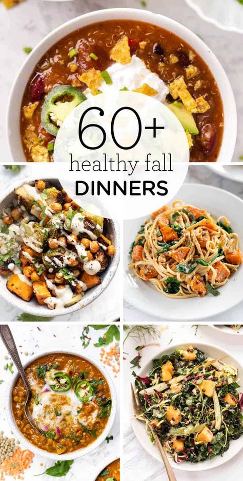 Here's a list of the 60+ delicious + HEALTHY Fall Dinner recipes! We've got everything from hearty salads, soup, chilis, pasta, bowls and more. Mac and cheese, vegetarian chili, shepherd's pie, this list has it all. Lots of healthy vegetarian, vegan and gluten-free recipes. Fall Dinner Recipes Healthy Vegan, Vegan Gluten Free Fall Dinner, Gf Fall Dinner Recipes, Gluten Free Fall Meals, Gluten Free Fall Dinner Recipes, Fall Dinner Vegetarian, Fall Vegetarian Meals, Healthy Fall Food, Vegetarian Fall Recipes