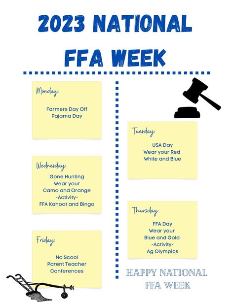 National Ffa Week Dress Up Days, Ffa Dress Up Days, Ffa Week Dress Up Days, Ffa Spirit Week Ideas, Ffa Week Ideas Activities, Ffa Week Activities, National Ffa Week Ideas, Ffa Themes For The Year, Ffa Designs