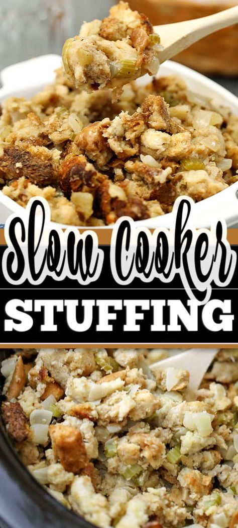 This Slow Cooker Stuffing recipe takes my Mom's favourite classic stuffing recipe into an easy holiday meal side dish that frees up oven space. #slowcookerstuffing #stuffingrecipe #stuffingrecipeeasy #easystuffing Turkey Stuffing Recipes Crockpot, Crock Pot Stuffing Recipes, Slow Cooker Stuffing Recipes, Crockpot Stuffing Recipes Thanksgiving, Keto Stuffing Recipes, Stuffing In Slow Cooker, Crockpot Stuffing Recipes, Slow Cooker Stuffing Thanksgiving, Stuffing Slow Cooker