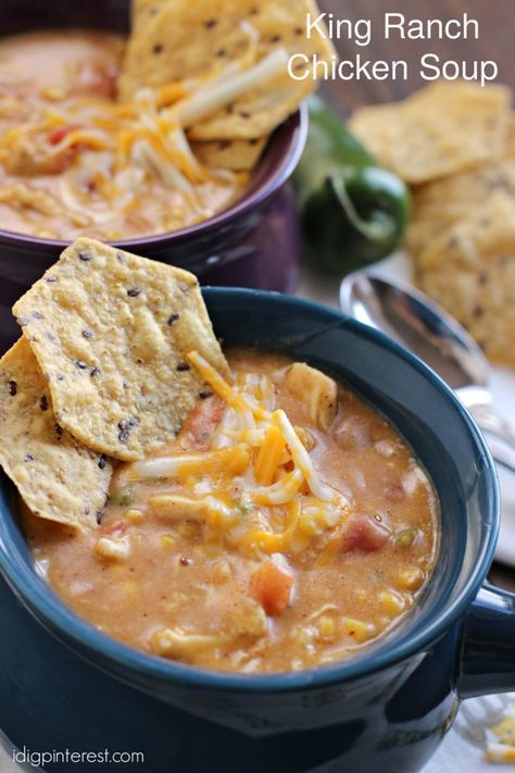 Slow Cooker King Ranch Chicken Soup King Ranch Chicken Soup, Ranch Chicken Soup, King Ranch Chicken, King Ranch, Ranch Chicken, Crock Pot Soup, Easy Soups, Bean Soup, Chicken Soup