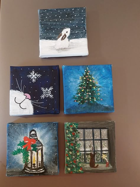 Christmas Mini Canvas Ideas, Tiny Canvas Christmas Paintings, Christmas Easy Canvas Painting, Painting Ideas For New Year, Christmas Mini Painting Ideas, Simple Xmas Paintings, January Painting Ideas Canvases, Christmas Drawing On Canvas, Mini Canvas Art Winter