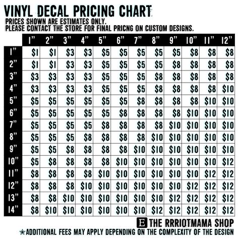 VINYL DECAL PRICING▷▷ prices shown are estimates only. please contact the store for final pricing on custom designs. ☆ additional fees may apply depending on the complexity of the design. ☆ Vinyl Sticker Prices, Car Decal Pricing Chart, Pricing For Cricut Projects, Car Decals Vinyl Size Chart, Vinyl Price Chart, Sticker Price Chart, Cricut Price Chart, Sticker Pricing Chart, Vinyl Sticker Pricing Guide