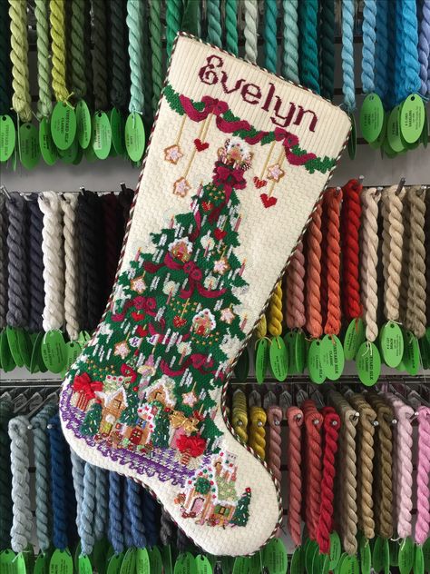 A Strictly Christmas stocking stitched by Gretchen, finishing by Hearts to Keep. Needlepoint Trees, Christmas Stocking Ideas, Fun Needlepoint, Needlepoint Christmas Stocking Kits, Needlework Christmas, Holiday Cross Stitch Patterns, Unique Christmas Stockings, Stocking Ideas, Cross Stitch Stocking