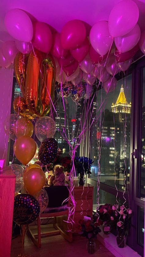 Flowers, Birthday, Balloons, Pink, pink balloons, gold balloons, gold, 20th birthday, birthday party, flowers, bouquet, roses, glamorous, gossip girl, NYC, New York City, apartment, party, celebration, 21st birthday, friends, family, love, pink room Room Filled With Balloons Birthday, Room Filled With Balloons, Room Full Of Balloons, Balloons And Flowers, Surprise Birthday Decorations, 18th Bday, Glass Room, Birthday For Him, My Past