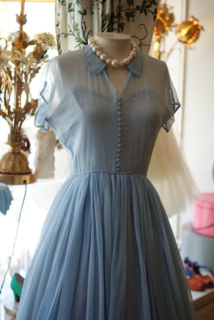 1950s Sunday Dress with sheer overlay in pale blue, by Emma Domb. 50's Dresses, 1950s Clothing, Makeup History, Vintage Clothing Boutique, Dress Inspo, Vestidos Vintage, 50s Dresses, Vintage Style Dresses, 1950s Dress