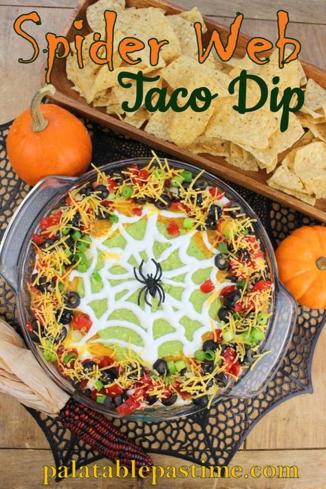 Spider Web Taco Dip – Easy Layered Nacho Dip, Spider Web Taco Dip, Bread Dip Bowl, Spider Bread, Nacho Appetizer, Halloween Taco Dip, Dip For Chips, Taco Dip Easy, Halloween Appetizer