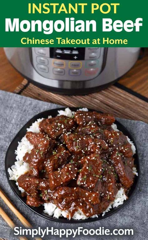 Instant Pot Mongolian Beef in black bowl Instant Pot Mongolian Beef, Rice Pressure Cooker, Takeout At Home, Instapot Recipes Chicken, Simply Happy Foodie, Beef Recipe Instant Pot, Mongolian Beef Recipes, Electric Pressure Cooker Recipes, Mongolian Beef