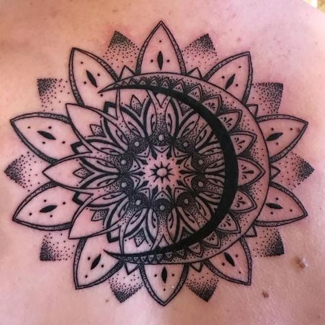 60+ Moon Tattoo Ideas: Symbolism and Trending Designs - Tattoo Inspo Hub Moon And Crystal Tattoo, Sunflower And Moon Tattoo, Sunflower Mandala Tattoo, Sun Moon Mandala, Chandelier Tattoo, Moon Tattoo Ideas, Tattoos 2023, Moon Mushroom, Sun And Moon Mandala