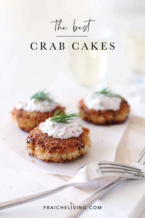 These crab cakes are packed with rich flavour, and make an amazing appetizer or a main if served with a light green salad. This makes a lot of crab cakes, so cut the recipe in half if you’re only serving a small crowd. #appetizer #crabcakerecipe #holidayappetizer #crabcakes Clam Cakes Recipe, Sauce For Crab Cakes, Dill Tartar Sauce, Crab Cake Appetizer, Clam Cakes, Fraiche Living, Impressive Appetizers, Homemade Tartar Sauce, Crab Cake