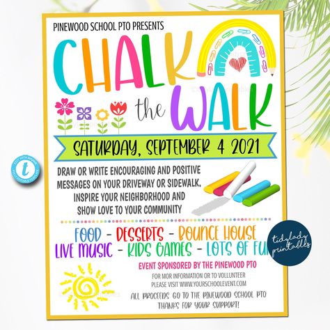 "CHALK THE WALK Printable Flyer Full Editing Options With Templett.com TRY BEFORE YOU BUY! Copy and paste the demo link below: https://templett.com/design/demo/TidyLady19/14944355 Designed for Printing 8.5x11\" *You are not able to edit this file on an iPad, iPhone, or any other handheld device. *This is a DIY self-editing digital, printable product - I do not edit this file for you. However, I do offer editing services at an extra charge, please reach out if you are interested.   *THIS LISTING School Involvement Ideas, School Events Elementary, Pta Fundraising Ideas Elementary, Walk To School Day Ideas, Spring School Fundraiser Ideas, Elementary School Event Ideas, Pto Ideas Events, Chalk The Walk Ideas Back To School, School Festival Ideas