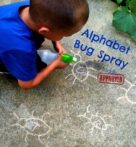 Toddler Approved!: Alphabet Bug Spray. A fun way to learn about the alphabet. Writing Alphabet, Bug Activities, Learning Activities For Kids, Bugs Preschool, Playful Learning, Morning Activities, Children's Activities, Preschool Literacy, Camping Birthday