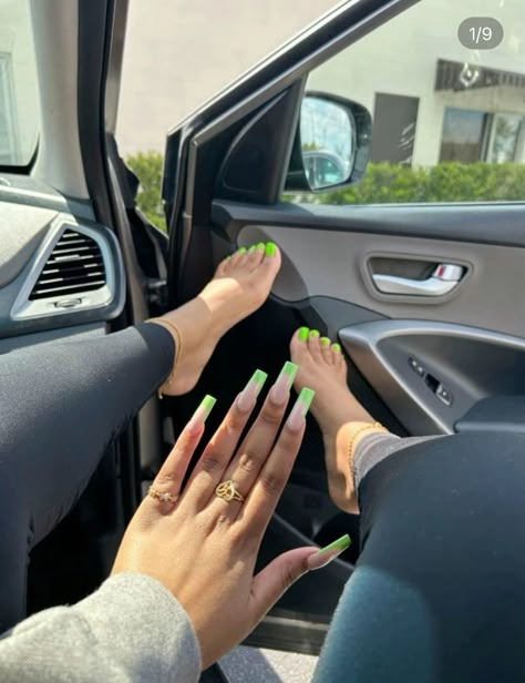 Green Toes Nails, Spring Nails Black Women, Matching Nail And Toe Sets, Green Pedicure, Nails And Toes Matching, Green French Tip Nails, Green Toe Nails, Green French Tip, Neon Green Nails