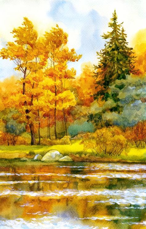 Jungle Painting, Scenery Paintings, Fall Watercolor, 수채화 그림, Watercolor Landscape Paintings, Autumn Painting, Autumn Forest, Watercolor Sketch, Autumn Landscape