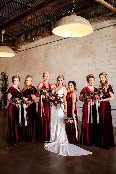 Christmas Wedding Inspiration Dresses, Dark Red Velvet Bridesmaid Dress, Red Velvet Wedding Decor, Christmas Bridesmaids Dresses, Red Winter Wedding Theme, Christmas Themed Wedding Bridesmaids, Winter Wedding Bridal Party Attire, Red Winter Bridesmaid Dresses, Red Velvet Bridesmaid Dresses Winter