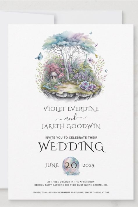 An enchanted woodland fairy wedding invitation featuring enchanted woodlands, and inspired by A Midsummer Night's Dream, by Shakespeare. A magical celebration of love in the enchanted woods, surrounded by the beauty of nature and the whimsical charm of fairies. Watercolor hues of pink and blue. Enchanted Forrest Wedding, Woodland Fairy Wedding, Enchanted Wedding Theme, Forest Fairytale, Woodland Wedding Invitations, Fairytale Wedding Theme, Fairytale Wedding Invitations, Enchanted Woodland, Forest Theme Wedding