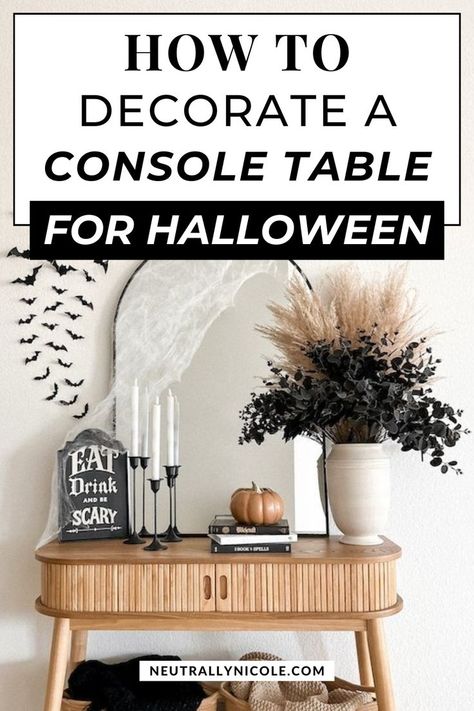 spooky chic halloween console table decor ideas Halloween Console Table, Fall Entryway Table Decor, Halloween Entry Table, Modern Boho Interior, Chic Entryway, Spring Front Porch Decor, Halloween Party Decor Ideas, Halloween Entryway, Patio Table Decor