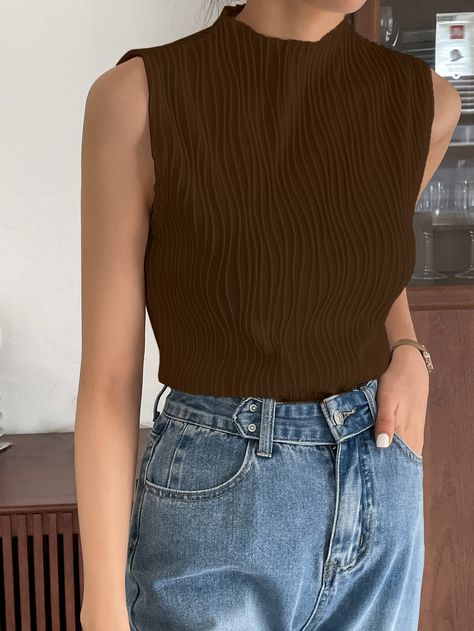 Chocolate Brown Casual   Polyester Plain Tank Embellished Medium Stretch Summer Women Tops, Blouses & Tee Outfits Night Out, Stand Neck, Solid Tank Tops, Sleeveless Outfit, Tank Top Outfits, Elegante Casual, Women Tank Tops, Mode Inspo, Black Top