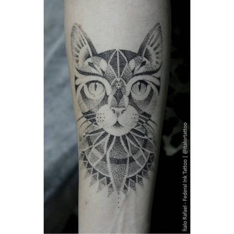 dot work Cat by Italo rafael @italortattoo - Federal Ink Tattoo Ceilândia/Brazil Tattoo Gato, Henna Mandala, Tattoo Practice, Dotwork Tattoo, Geometric Cat, Cat Tat, Cat Tattoos, Cat Tattoo Designs, Tattoo Cat