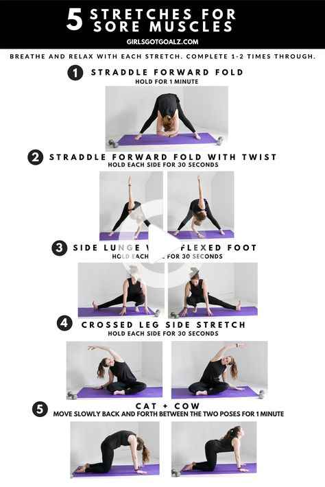 Time to cool it down with these 5 stretches for sore muscles. #dailyyoga Stretches For Sore Muscles, After Workout Stretches, Post Workout Stretches, 30 Minute Cardio, Muscle Stretches, Resistance Band Workout, Recovery Workout, After Workout, Stretching Exercises