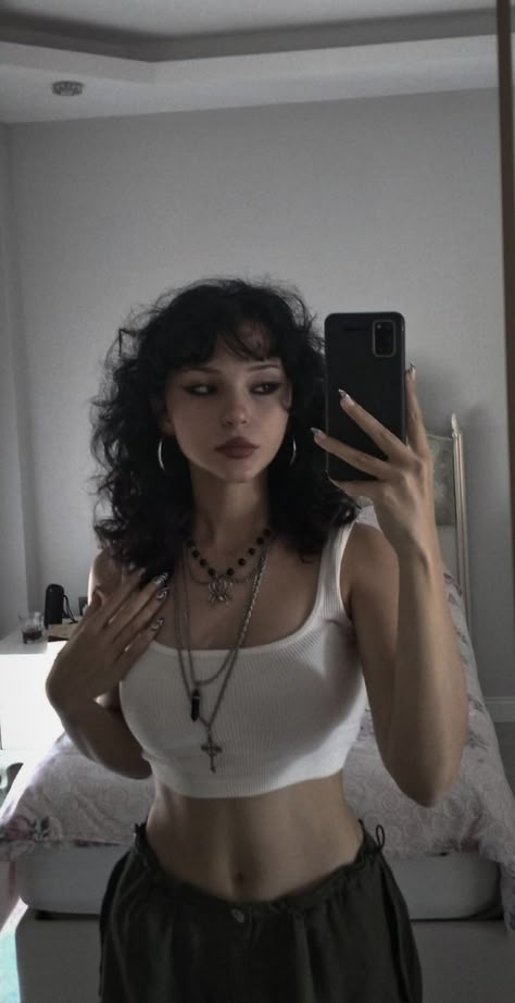 Feminin Haircut, Dark Feminine Hairstyles Curly, Alt Haircuts Curly, Fairycore Haircut, Curly Haired Goth, Goth Girl Hairstyles, Fluffy Hair Women, Curly Goth Hair, Goth Curly Hair