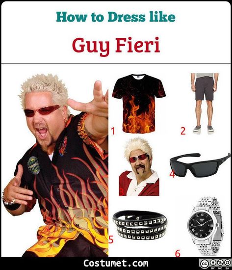 Guy Fieri costume is a flame printed dark button down shirt with matching shades, blonde hair and a goatee, wears chino shorts, rings and metal watch, and studded bracelet.            #Male #male #icon #blonde #tv #personality #chef #adult Diy Male Costumes, Guy Fieri Costume Girl, Blonde Male Halloween Costume, Fire Costume Men, Couple Halloween Costumes Blonde Guy, Guy Fieri Halloween Costume, Guy Fieri Party, Blonde Guy Halloween Costume, Guy Ferrari Costume