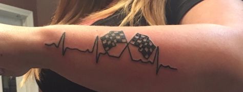 My heart beats for racing. Love my new tattoo! Racing Tattoos For Women, Race Car Tattoo, Wife Tattoo, Racing Tattoos, Flag Tattoo, Car Tattoos, Memorial Tattoo, Memorial Tattoos, New Tattoo