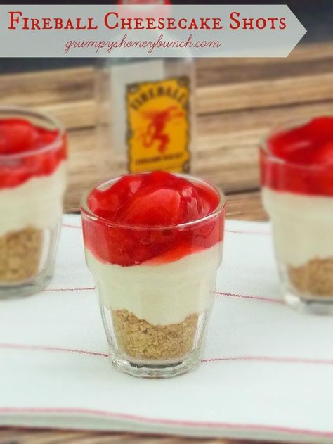 Fireball Cheesecake Shots - flavored with Fireball Whisky, these shots make the perfect dessert for any party! Fireball Cheesecake Shots, Fireball Cheesecake Recipe, Fireball Cheesecake, Fireball Pumpkin Pie, Fireball Jello Shots, Cheesecake Shots, Jell O Shots, Cherry Topping, Dessert Shooters