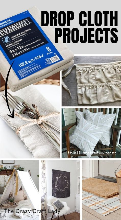 Want to know one of my favorite thrifty materials to use for craft projects? The humble drop cloth! It’s such a cheap way to buy fabric, and the neutral color is perfect for using in all kinds of different crafts. Drop Cloth Slipcover, Drop Cloth Rug, Cloth Projects, Drop Cloth Projects, Repurposed Crafts, Cloth Curtains, Cloth Ideas, Canvas Drop Cloths, Cloth Diy