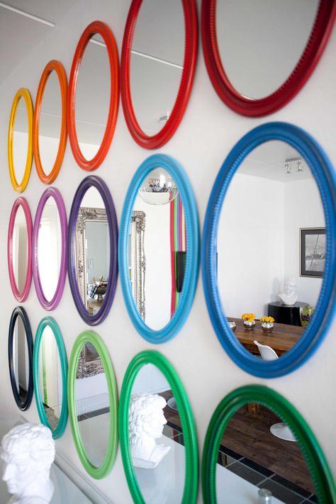 Create a wall of mirrors with colourful frames to enlarge and liven up any space. Mirror Mirror on the wall. Colourful Frames, Wall Of Mirrors, Apt Decor, Activity Room, Mirror Mirror On The Wall, Colorful Frames, Colour Painting, Mirror On The Wall, Frame Mirror