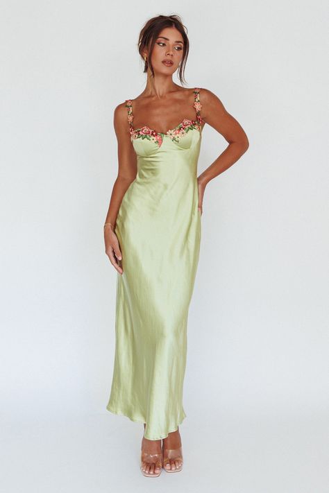 Shop the Rose Garden Floral Applique Midi Dress Lime | Selfie Leslie Floral Bodycon Dress, Floral Bodycon, Dark Feminine, Bodycon Floral Dress, Camisole Dress, Satin Maxi Dress, Wedding Outfits, Floral Applique, Guest Outfit