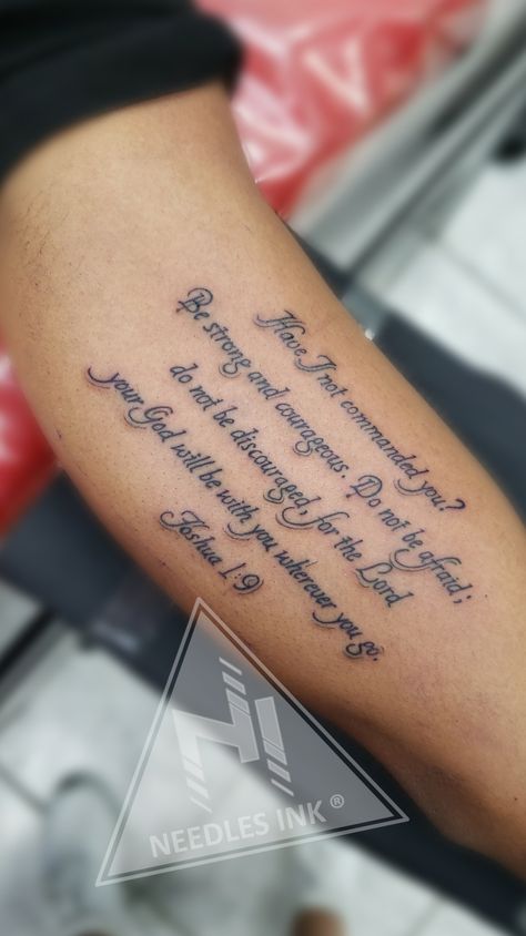 Bible Verse Tattoo Cursive, Inner Bicep Text Tattoo, Bible Text Tattoo, Bible Verse Bicep Tattoo, God Scriptures Tattoo, Bible Verse Neck Tattoo, Inner Bicep Tattoo Women Quotes, Bible Script Tattoo, Joshua 1 9 Tattoo Men