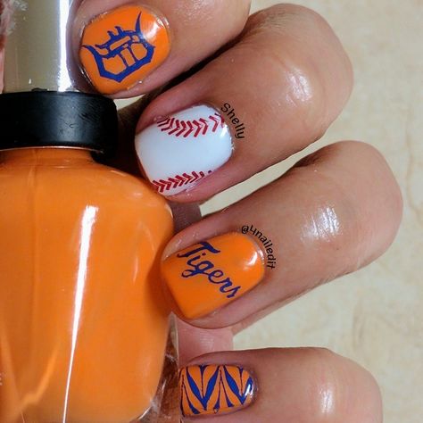 Detroit Tigers Nails Designs, Baseball Themed Nails, Detroit Tigers Nails, Ball Nails, Baseball Nails, Tiger Nails, Detroit Tigers Baseball, Tigers Baseball, Manicure Nails