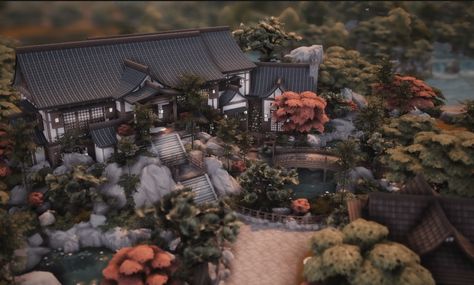 Japanese Mansion Bloxburg, Old Japanese Mansion, Sims 4 Japanese Mansion, Sims4 Japanese House, Sims 4 Chinese House, Ts4 Japanese House, Japanese Mansion Traditional, Traditional Japanese Mansion, Japanese Mountain House