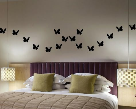 Black butterfly wall decal above bed Black Wall Stickers, Butterfly Wall Decals, Diy Wall Painting, Cute Diy Room Decor, Living Room Furniture Layout, Wall Stickers Bedroom, Cute Bedroom Ideas, Butterfly Wall Stickers, Wall Drawing