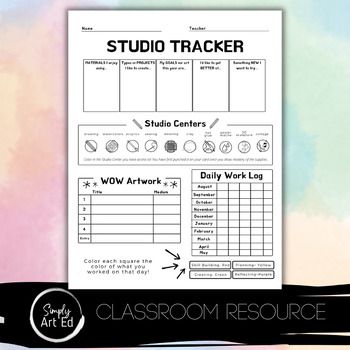 Interested in trying a TAB (Teaching for Artistic Behavior) approach to an elementary or middle school art classroom? Use this tracker to help guide students for them to take more initiative in them projects and studio explorations! This PDF is designed individually for each student. Included in the PDF:Daily work log (color coded)WOW artwork tracker (for big projects done throughout the year)Studio centersStudent interests and goals Art Class Organization Elementary, Tab Classroom Setup, Art Classroom Essentials, High School Art Classroom Design, Art Assessment Elementary, Tab Art Lessons, Tab Art Classroom, Middle School Art Classroom, Tab Centers Art Classroom