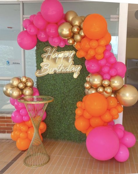 21st Birthday Sunset Theme, 70s Inspired Party Decor, Sneaker Brunch Party, Pink Orange Gold Balloon Garland, Pink Orange Gold Party, Orange And Pink Decor Party, Pink Orange And Gold Party Decorations, Bright Color Birthday Party Ideas, Sunset Decorations Party