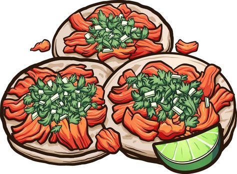 tacos mexicanos de dibujos animados al pastor con cebollas y cilantro. ilustración vectorial de imágenes prediseñadas con gradientes simples. Taco Inspiration, Tacos Pastor, Cancun Map, Taco Illustration, Mexican Cartoon, Mexican Background, Taco Ideas, Taco Drawing, Tacos Mexicanos