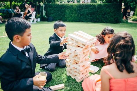 kids playing jenga at wedding Wedding Reception Kids Activities, Kids Corner Wedding Receptions, Kids Corner At Wedding, Kids Corner Wedding, Kids Entertainment Wedding, Adulting Advice, Wedding Games For Kids, Fun Signage, Wedding Kids Outfit