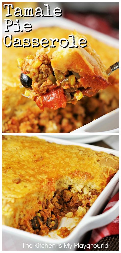 Tamale Pie Casserole ~ Spicy ground beef or ground turkey & vegetable filling, topped with a thick-and-delicious layer of golden cornbread. Such a delicious dinner dish that's perfect for your Cinco de Mayo celebration, or everyday dinner!  www.thekitchenismyplayground.com Cornbread Tamale Pie, Tamale Pie Casserole, Tamale Pie Recipe, Cinco De Mayo Celebration, Mexican Cornbread, Tamale Pie, Cornbread Casserole, Mexican Food Recipes Authentic, Delicious Dinner